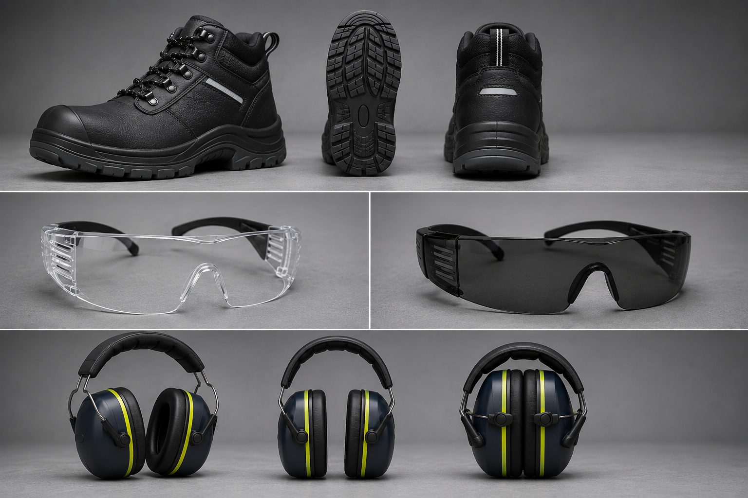 Safety boots, glasses, and hearing protection