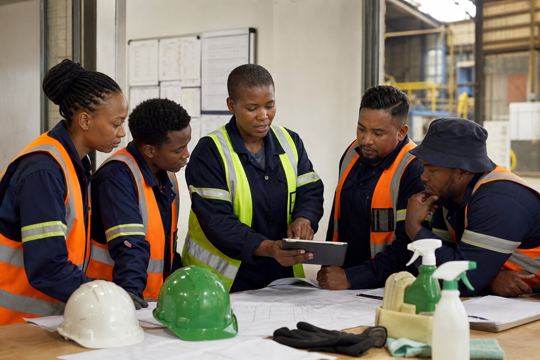 Industrial services team reviewing plans and PPE before work